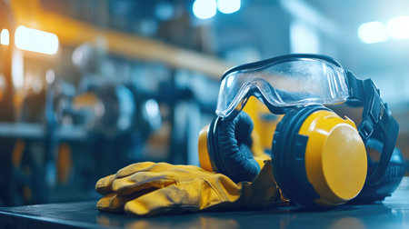 Close-up of safety goggles, gloves, and ear protection on a factory workbench, with tools and machinery in the background, emphasizing factory safety with copy space.の素材