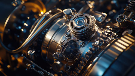 Close-up of metallic gears, cogs, and mechanical components arranged in a seamless industrial design. A detailed view of precision engineering and mechanics.の素材