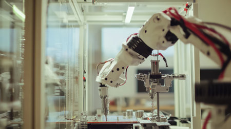 Close-up of robotic arms assembling mechanical components in a high-tech engineering lab. A futuristic and automated industrial workspace.の素材