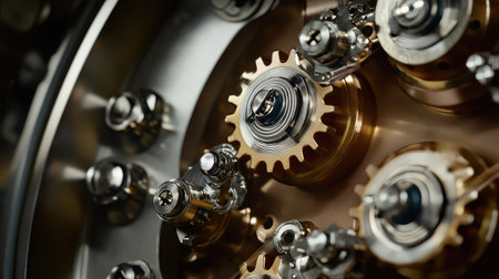 Close-up of precision-engineered metal gears inside a modern industrial machine, polished to a futuristic metallic sheen.の素材