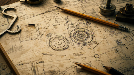 Detailed technical drawing with pencil sketches, precise measurements, and engineering blueprints spread across a wooden drafting table.の素材