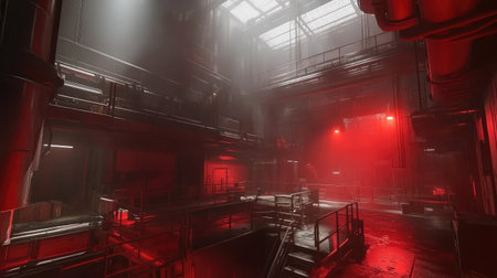 Dark industrial factory with atmospheric lighting, large metal structures, and a gritty yet modern aesthetic. A cinematic setting for heavy industry and production themes.の素材