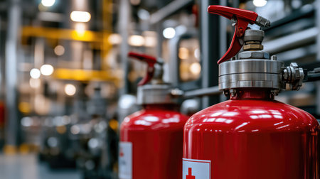 Close-up of factory fire safety equipment, including extinguishers and first aid kits, with factory machinery blurred in the background and space for copy.の素材
