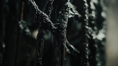Close-up of steel reinforcement bars in a construction site, showcasing raw materials and engineering precision in structural building projects.の素材