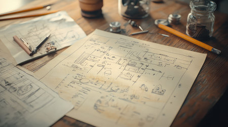 Detailed technical drawing with pencil sketches, precise measurements, and engineering blueprints spread across a wooden drafting table.の素材