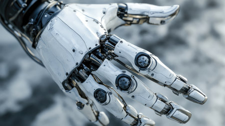 Detailed close-up of robotic prosthetic hand mechanics, highlighting engineering precision in medical technology.の素材