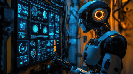 Cybernetic humanoid robot interacting with a smart home control panel, AI automation technology concept with blue-toned futuristic copy space.の素材