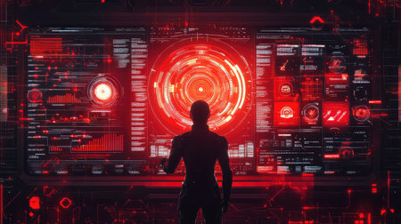 Cybernetic humanoid robot interacting with a futuristic industrial dashboard, AI-powered automation background with digital data and copy space.の素材