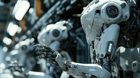 Close-up view of an automated factory production line with robotic machinery, high-tech sensors, and precision engineering. A futuristic, advanced manufacturing environment.の素材