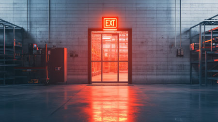 Emergency exit sign glowing above a factory door, with clean industrial walls and factory equipment in the background, offering space for copy space.の素材