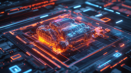 Digital holographic interface displaying a D model of an engine blueprint, glowing with futuristic neon details. A high-tech engineering and innovation background.の素材