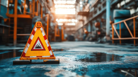 Factory floor with visible safety barriers and clear hazard signs near high-risk machines, organized and spacious background with copy space for safety text.の素材