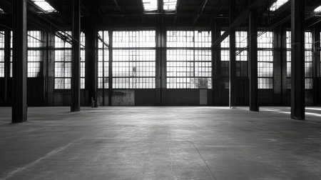 Empty factory warehouse with large windows, exposed steel beams, and a clean industrial floor. High ceilings and bright lighting create a sense of vast space, ideal for production or storage.の素材