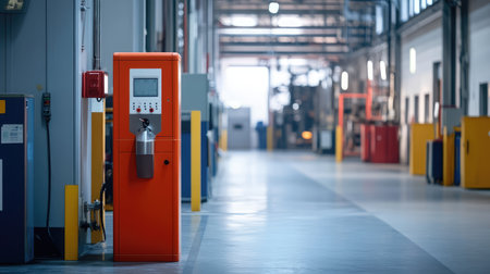 Emergency eyewash station in a factory setting, brightly colored and clearly visible, with industrial equipment in the background and ample copy space.の素材