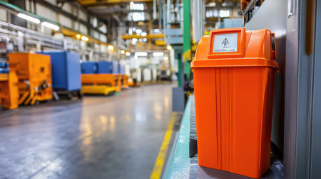 Emergency eyewash station in a factory setting, brightly colored and clearly visible, with industrial equipment in the background and ample copy space.の素材