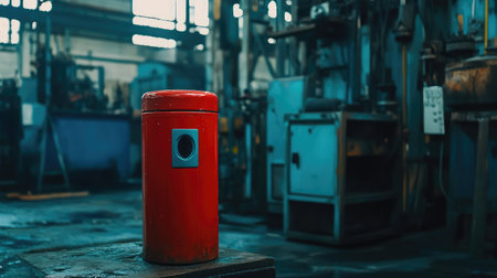 Emergency eyewash station in a factory setting, brightly colored and clearly visible, with industrial equipment in the background and ample copy space.の素材
