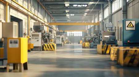 Factory floor with safety barriers and caution signs along the perimeter of machinery, with clean and organized spaces and copy space for safety messages.の素材