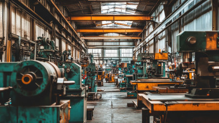 Empty industrial workshop with high ceilings, metal beams, and bright overhead lighting. A clean and organized engineering environment for precision work.の素材
