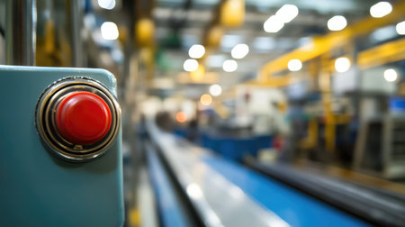 Emergency stop button on a factory machine, clearly visible in a well-maintained and clean industrial setting with appropriate safety signage and copy space.の素材