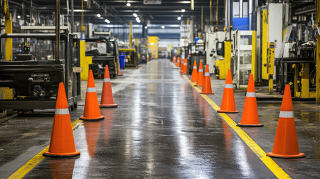 Factory floor safety cones in place, marking off areas of high-risk machinery, clear lines of sight, and ample space for factory safety messaging.の素材