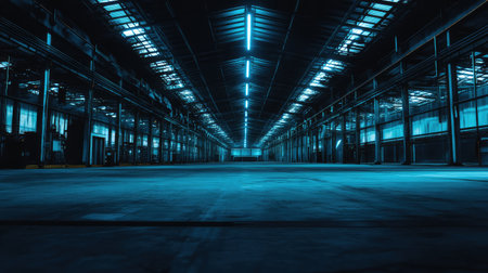 Empty futuristic factory hall with neon blue lighting, sleek metallic textures, and a sci-fi industrial aesthetic. Perfect for cyberpunk or high-tech production themes.の素材