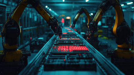 Factory automation scene with robotic arms assembling products on a conveyor belt, cyberpunk-style futuristic background with copy space.の素材