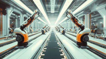 Futuristic cleanroom environment with robotic arms assembling microchips under sterile industrial lighting.の素材