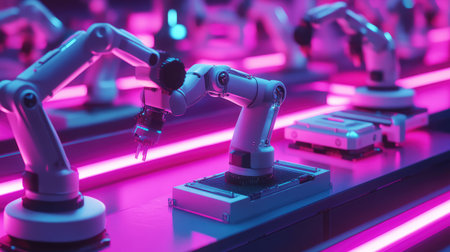 Futuristic factory floor with multiple robotic arms assembling high-tech machinery, digital industrial automation with glowing cyber background and copy space.の素材