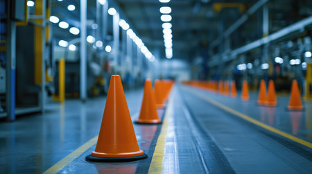 Factory floor safety cones in place, marking off areas of high-risk machinery, clear lines of sight, and ample space for factory safety messaging.の素材
