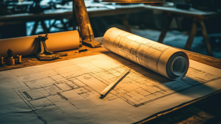 Engineer's drafting desk with rolled blueprints, measuring tools, and a large technical drawing illuminated by soft industrial lighting. A perfect workspace concept.の素材