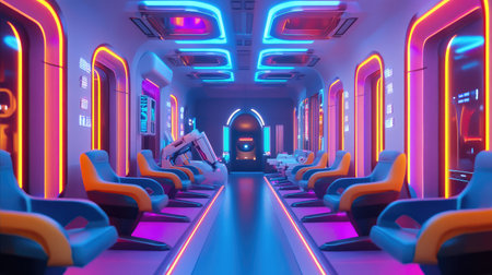 Futuristic assembly line for electric vehicles, featuring automated robotic welding arms and glowing digital controls.の素材