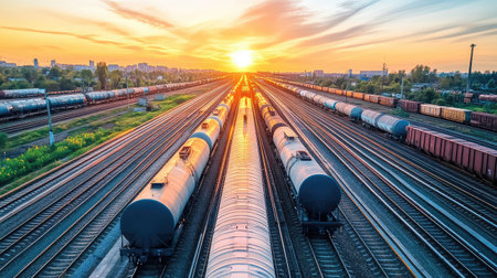 Freight train tracks stretching across a wide plain, with several freight cars in the distance and a wide open space above for transport-related messages.の素材