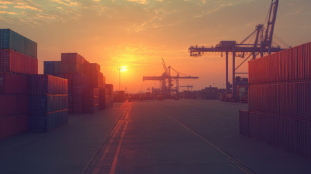 Freight containers stacked neatly in a logistics yard, with cranes in the background, providing room for copy space about freight transport.の素材
