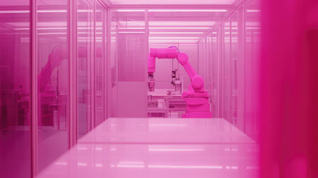 Futuristic industrial robotic arms managing high-precision tasks in a cleanroom environment, cyber-tech automation with copy space.の素材