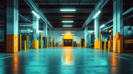 Factory floor with safety barriers around heavy machinery, bright warning signs, and proper lighting illuminating the workspace, leaving space for safety-related text.の素材