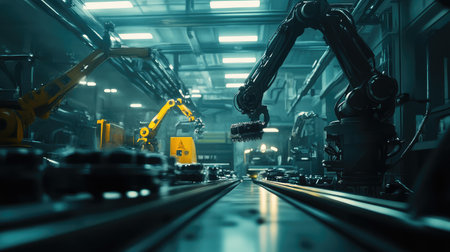 Factory automation scene with robotic arms assembling products on a conveyor belt, cyberpunk-style futuristic background with copy space.の素材