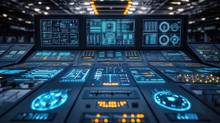 Futuristic industrial control panel with glowing blue holographic displays, digital schematics, and high-tech automation systems in a clean, metallic environment.の素材
