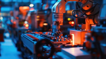 Futuristic industrial robot arm assembling components on a production line, high-tech automation in a modern factory, glowing blue lighting, and copy space.の素材