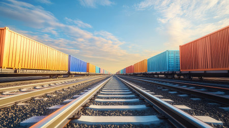 Freight train tracks stretching across a wide plain, with several freight cars in the distance and a wide open space above for transport-related messages.の素材