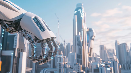 Futuristic industrial robotic arms constructing a smart city model, AI-powered urban automation background with copy space.の素材