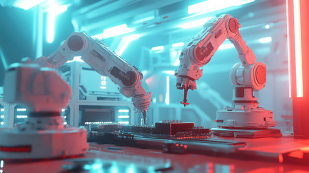 Futuristic cleanroom environment with robotic arms assembling microchips under sterile industrial lighting.の素材