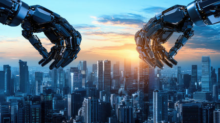 Futuristic industrial robotic arms constructing a smart city model, AI-powered urban automation background with copy space.の素材