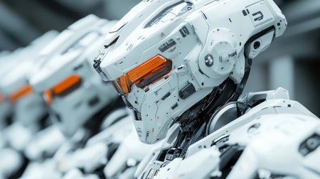 Futuristic industrial robotic arms managing high-precision tasks in a cleanroom environment, cyber-tech automation with copy space.の素材