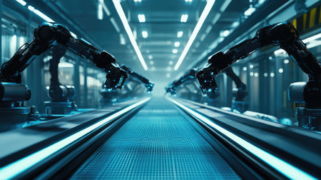 Futuristic manufacturing process in a smart factory with robotic arms moving along a digital conveyor, high-tech automated systems with glowing backgrounds and copy space.の素材