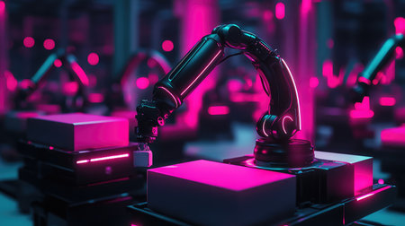 Futuristic robotic arms packaging goods in a smart logistics warehouse, high-tech industrial automation concept with neon lighting and copy space.の素材