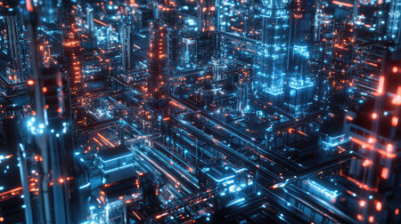 Futuristic oil refinery at night with glowing blue and red industrial lights, cybernetic atmosphere, and massive pipe systems.の素材