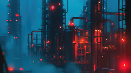 Futuristic oil refinery at night with glowing blue and red industrial lights, cybernetic atmosphere, and massive pipe systems.の素材