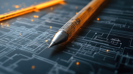 High-tech engineering workspace with digital blueprints on a futuristic touch screen, glowing interface elements, and a dark industrial background. A modern innovation concept.の素材