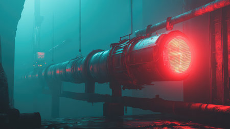 Glowing industrial cybernetic pipeline system with AI-powered pressure monitoring and futuristic safety technology.の素材