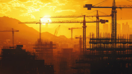 Industrial construction site at sunrise, featuring steel framework, towering cranes, and detailed scaffolding. A dramatic setting for architectural and civil engineering.の素材